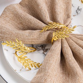 Pack of 12 Golden Napkin Buckle, Wheat Leaf-Shaped Napkin Holder, Metal Elegant Napkin Buckle, Table Decoration for Christmas, Valentine's Day, Wedding, Anniversary, Dinner Napkin Ring
