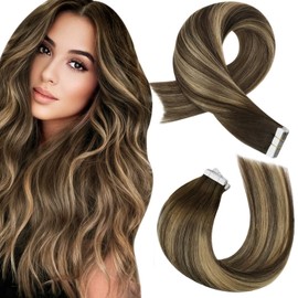 Moresoo Tape in Hair Extensions Human Hair Ombre Tape Hair Extensions for Women Dark Brown Mixed with Caramel Blonde Balayage Skin Weft Tape in Extensions Human Hair 20pcs 30g 12 Inch