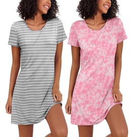 Ekouaer Ladies Nighties Nightshirts for Women Short Sleeve Nightie Comfortable Sleepwear Cotton Nightdress, Tie Dye+Stripe, XL