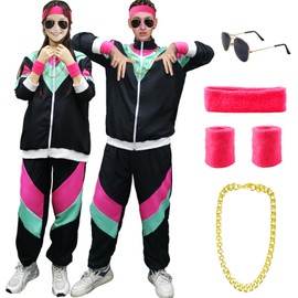 90s 80s Fancy Dress Men Women with Accessories, 80s Shell Suit 80s 90s Fancy Dress Costumes for Men Adult with Glasses Headband Wristbands, 80s 90s Outfits Fashion Retro Tracksuit for Carnival Party