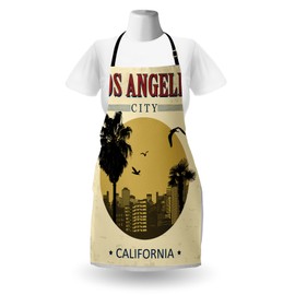 Lunarable USA Apron, Los Angeles City from California in Vintage Style Birds Vacation Journey Travel Theme, Unisex Kitchen Bib with Adjustable Neck for Cooking Gardening, Adult Size, Olive Red
