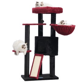 Hey-brother Gothic Cat Tree with Scratching Board, Cat Tower with Padded Plush Perch and Cozy Basket, Multi-Platform for Jump, Black and Red MPJ005BR