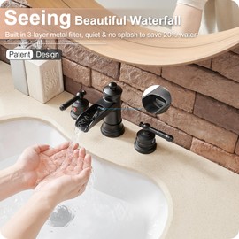 HOIGY Black Waterfall Bathroom Faucet Widespread, Brass Bathroom Faucets for Sink 3 Hole, 4-16 Inch Faucet Bathroom Vanity Faucet with 2 Handles Supply Hoses & Pop-Up Drain for Modern Farmhouse