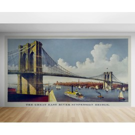 Vintage Brooklyn Bridge Illustration Wallpaper Mural - The Great East River Suspension Bridge for Living Room. Office Wall Art. Bedroom Wallpaper. #6408