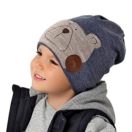 AJS Boys Winter Beanie Hat Children's Hat Bear Motif, denim blue