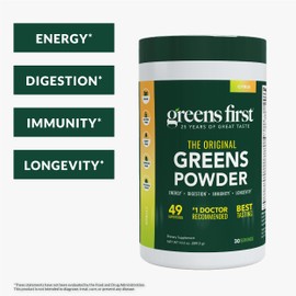 Greens First Original Greens Powder - 49 Superfoods - Organic Fruits & Veggies - Prebiotics, Probiotics & Digestive Enzymes - Antioxidant Smoothie - Dairy Free/Vegan/Non-GMO (Citrus, 30 Servings)