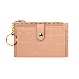 Denovin Small Wallets Woman, Slim Keychain Wallet Women, Coin Purse Business Credit Card Holder with Zipper Pocket for Money Key, Pink