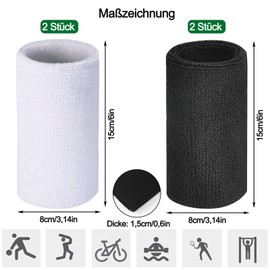 Pack of 4 15 cm long black and white sweatbands, sweatband, wristband, wrist sweatbands, sports sweatbands for handball, basketball, tennis, 2 black + 2 white