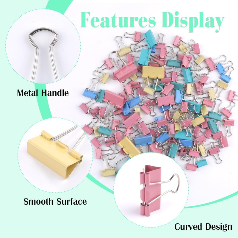 Pack of 125 Colourful Foldback Clips, Metal Paper Clips, Binder
