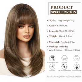 Esmee Long Straight Brown Wigs for Women with Fringe Natural Synthetic Hair Ombre Wig for Daily & Party Use