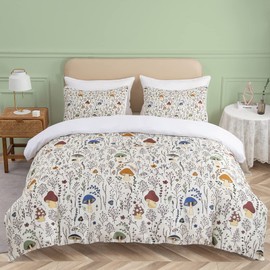 SOULZZZ Colorful Mushroom Duvet Cover King - Soft Mushroom Bedding Set with Wild Plants and Flower 3 Piece Aesthetic Mushroom Bed Set for Woman Adult (King, Cream)