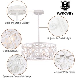 Bargeni Farmhouse Chandelier,15 inch Rustic Ceiling Light Fixture,Antique White Finish,4-Light Dining Room Light Fixture for Kitchen Island,Bedroom,Entryway,Foyer