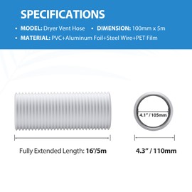 Hon&Guan Aluminium PVC Ventilation Air Ducting 4 Inch Flexible Vent Hose Pipe for Extractor Fan, Hydroponics(ø100mm*5m,White)