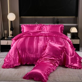Satin King Comforter Set Silk Like Satin Bedding Set Hotel Soft Polyester Hot Pink Bed Set Luxury Silky Pillow Cover with Quilt Set Ruffle Down Comforter Home Decor