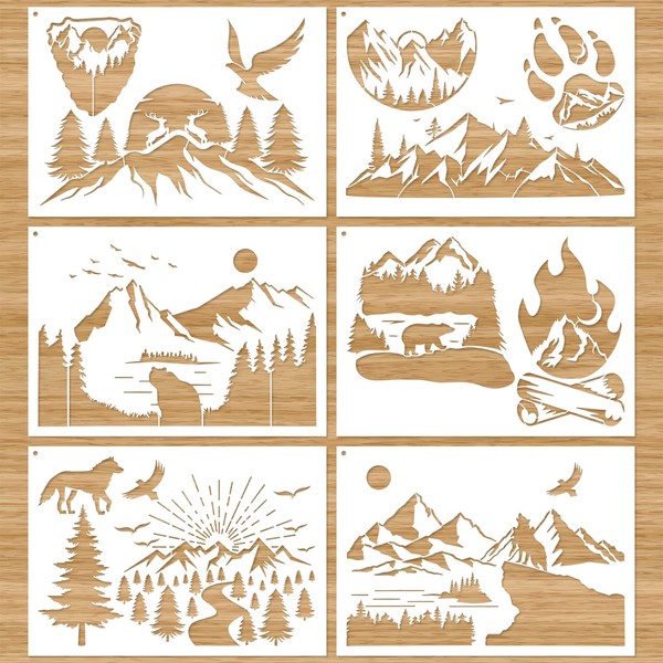 6pcs Wood Burning Stencils and Patterns, Reusable Mountain Stencils Wood