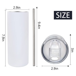 MAIKESUB Skinny 20 OZ Straight Stainless Steel White Tumbler with Metal Straw for Heat Press Machine Printing 4 Pack