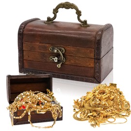 Forbabe Small Wooden Treasure Chest Box Vintage Wooden Chest Storage 14 x 8.5 x 8.5 cm Red Brown Small Pirate Box Wooden Box Children's Birthday Party for Personals and Gifts