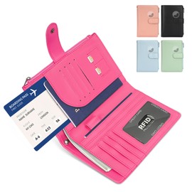 RFID Passport Holder for Women/Men Travel Gifts, Large Capacity Passport Wallet, Family Travel Documents Organizer with Card/Airtag Slots, Zipper coin pocket, Cash Holder Passport Cover Case(Hot Pink)