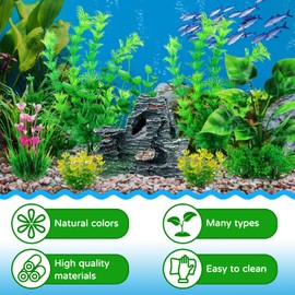 QUOZUO Fish Tank Accessories Artificial Plants, 9pcs Green Aquarium Decorations Plants and Cave Rock Decor Set, Aquarium Decor Plastic Plants