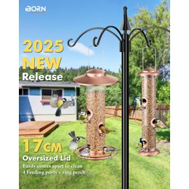 iBorn Bird Feeders for Outdoors, 2LB Metal Bird Feeders 17cm Large Roof &Tray, 4 Feeding Ports, Brushed Copper Finishing