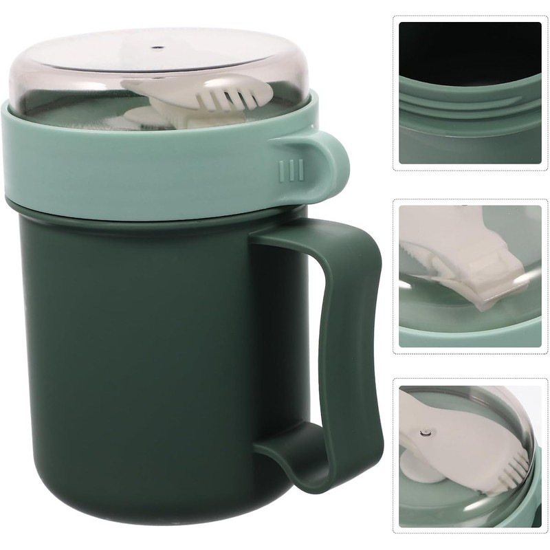 Taza de Desayuno Portátil con Tapa y Cuchara, Verde, Plástico