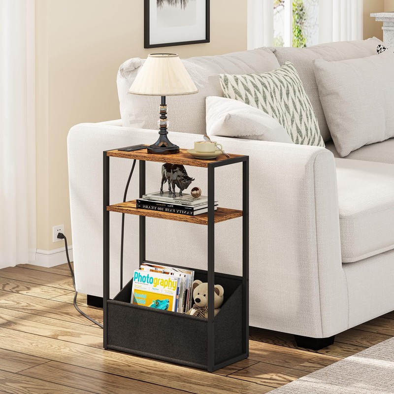 TUTOTAK Narrow Side Table with Charging Station, Slim End Table