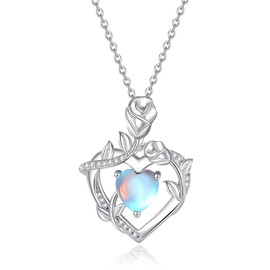 FANCIME Women's Birthstone Necklace, Blossom Heart, Rose, 12 Months, Open Heart, Rose, Zirconia, Sterling Silver, White Dee, Mother's Day, Birthstone Gift
