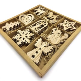 DARO DEKO Wooden Decorative Hanging 6 x 7 cm Mix 54 Pieces Christmas Tree Decoration Natural Brown