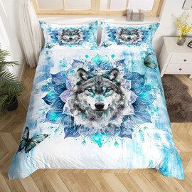 Safari Wolf Bedding Single for Kids Boys Girls Wild Animal Duvet Cover, Bohemian Mandala Comforter Cover Blue Ombre Bed Set, Chic Butterfly Quilt Cover (Zipper Closure)