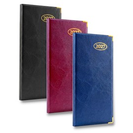 2027 Slim Line Week to View Padded Diary Metal Corner Case Bound Planner with Ribbon Marker (Black 2027)