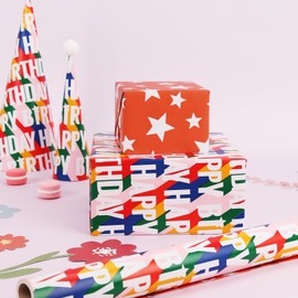 LaRibbons Reversible Birthday Wrapping Paper for Kids, 17 Inch x 33 Feet, Gift Wrap Paper with Colorful Text Happy Birthday Pattern and Stars Design for Boys Girls Birthday, Baby Shower, Holiday Party