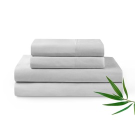 YnM Cooling Bed Sheet Set with 100 Percent Rayon Derived from Bamboo, 400TC Fabric with 2 Pillowcases and Flat Sheet, Deep Pocket Fit 19'', Silky-Soft & Sweat Wicking, 4 Piece (Ca King, Light Grey)