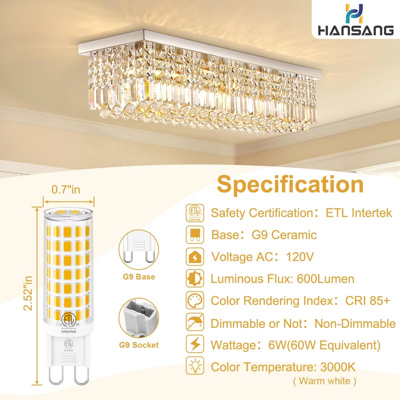hansang G9 Led Bulb,6W(60W Halogen Bulb Replacement), Chandelier Light Bulbs,88