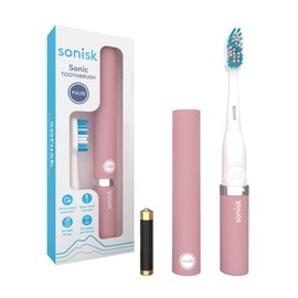 Sonisk Pulse | Battery Powered Electric Toothbrush | Sonic Technology | 1x Battery, 2X Brush Heads, 1x Travel Case Included | 31,000 Strokes Per Minute | Portable Size | Dusty Pink