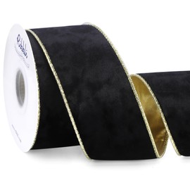 Ribbli Black Velvet Wired Ribbon 2.5 Inch Metallic Black Gold Crushed Velvet Christmas Ribbon for Gift Wrapping Christmas Tree Decoration Crafts Wreaths Supplies-Continuous 10 Yards