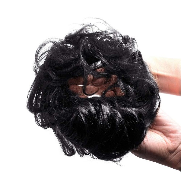 Bella Hair 100% Human Hair Scrunchies Messy Bun Hair Pieces for Women Wavy Curly Up-Do Chignon Extensions (#1 Pure Black/Ink Black)