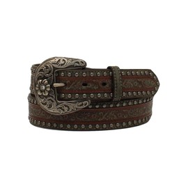 Nocona Ladies Belt 1 1/2 Embossed Overlay Studs Brown