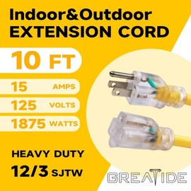 GREATIDE 10 Ft Lighted Outdoor Extension Cord - 12/3 SJTW Heavy Duty Extension Cable with 3 Prong Grounded Plug - 15 Amp Power Cord for Lawn, Garden, Appliances, US Veteran Owned