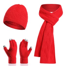 ecodudo Women Winter Beanie Hat Scarf Set Touch Screen Gloves Set with Pom for Women (Red)