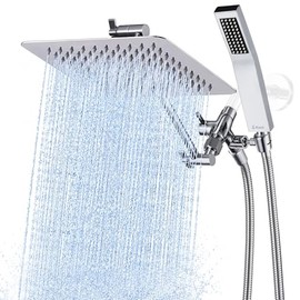 G-Promise All Metal 8 Inch Dual Square Shower Head with Handheld Spray Combo, Rain Shower Head, Adjustable Extension Arm, Smooth 3-Way Diverter, 71 Inch Extra Long Hose - A Bathroom Upgrade (Chrome)