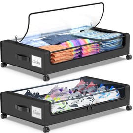 Beborxue ? Beborxue Under Bed Storage with Wheels, 2-Pack Under Bed Storage Containers with Clear Lids, XXL 60L Under the bed storage Organizer Bins, Rolling Under Bed Metal Drawer for Clothes,Shoes,Toys (Black)