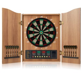 Hanbramo Dart Board, Decorative Dart Board Cabinet Set [12*Soft Tip Darts], Electronic Dart Board - Wooden Cabinet Doors with Integrated Scoreboard for Family Game Rooms [Apricot]