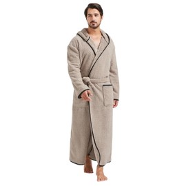 FashGudim 400g Mens Plush Robe with Hood Full Length Winter Long Luxury Hooded Bathrobe for Men Big and Tall (Taupe, 4XL)