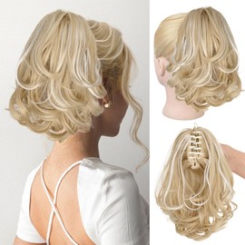KooKaStyle Ponytail Extension, 10" Short Claw Clip in Pony Tails Hair Extensions Curly Wavy Synthetic Drawstring Hairpieces for Women(Blonde with White Highlights)