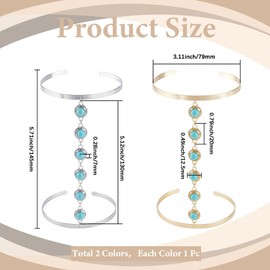 CABODYALS 2Pcs Silver Gold Cuff Bracelet Upper Arm Turquoise Layered Cuff Bangle Bracelets Boho Open Coil Summer Shining Adjustable Metal Arm Jewellery for Women Party Beaches Clubs Dress Decor