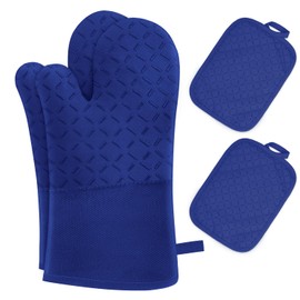 MILcea Oven Gloves, Pot Holder, Oven Gloves, Set of 4, Oven Gloves, Heat Resistant up to 300 °C, Non-Slip Protection, Extension, Soft, Baking Gloves, Cooking Gloves, Oven Gloves, Blue