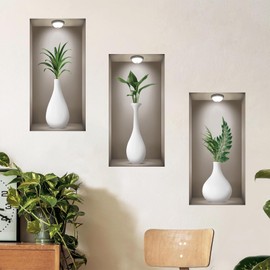 TOARTI 3D Wall Stickers Vase, Green Plants Wall Stickers, Vases Wall Sticker for Living Room, White Bottle Green Leaf Wall Pictures for Bedroom, Office, Kitchen, Vinyl Wall Decoration, 20 x 40 cm