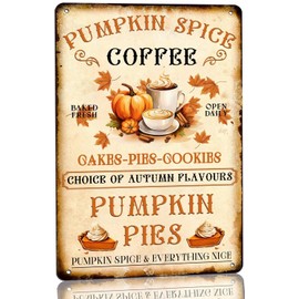 Pumpkin Spice Coffee Signs Retro Vintage Metal Tin Sign Autumn Pumpkin Pie Decor for Home Kitchen Cafe Bar Fall Decor 8x12 Inch