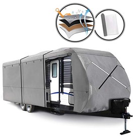 XGEAR Thick 4-Ply Top Panel Travel Trailer Cover- Ripstop Waterproof RVs Covers with Storage Bag and Windproof Buckles (14'-16')