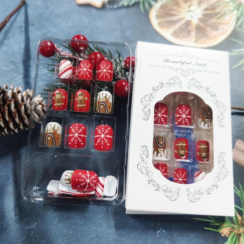 Gingerbread Man Short Square False Nails Christmas Press on Nails